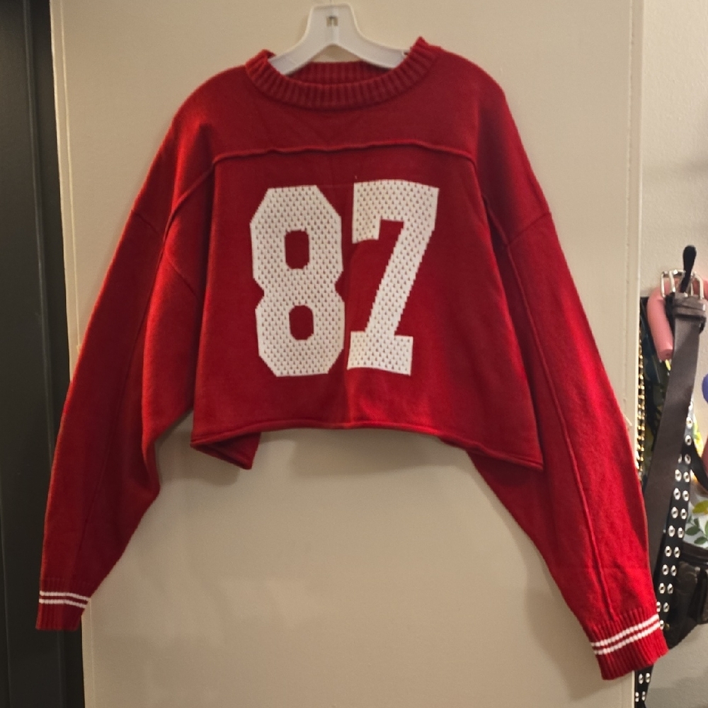 Red Cropped Sweater with Number Print